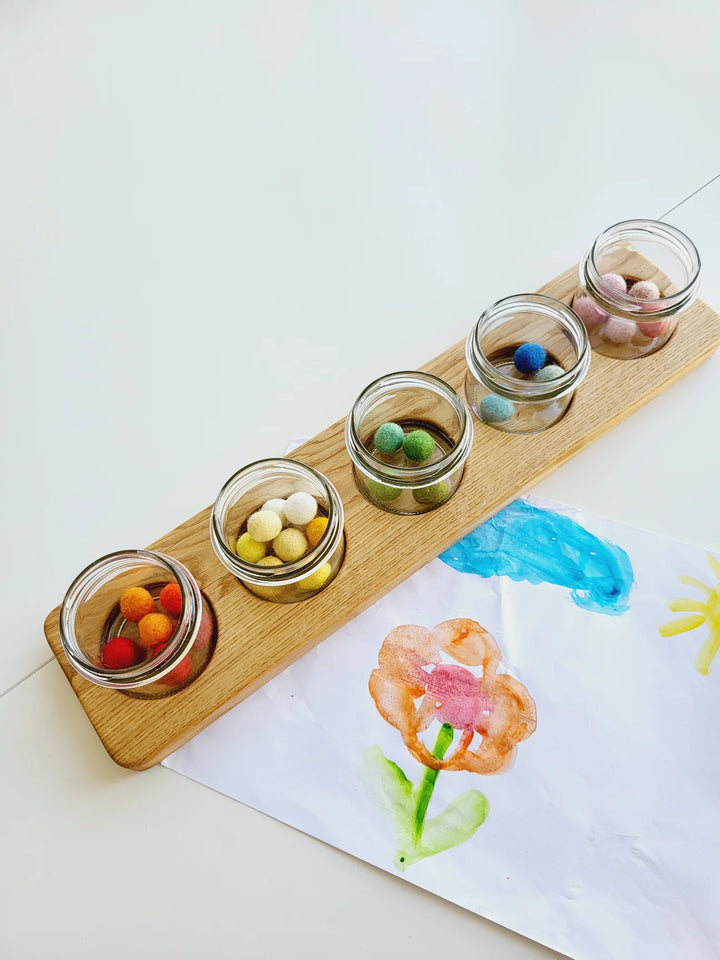 Handgerð leikföng / Þroskaleikföng / Viðarleikföng / Montessori |Sniðugar gjafir| Threewood / LaríLei / Larí Lei, flokkunarbakki, glerkrukkur með loki, málningarbakki, málningarkrukkur