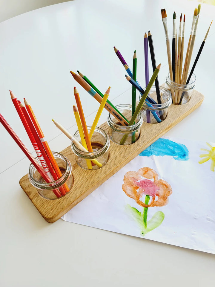 Handgerð leikföng / Þroskaleikföng / Viðarleikföng / Montessori |Sniðugar gjafir| Threewood / LaríLei / Larí Lei, flokkunarbakki, glerkrukkur með loki, málningarbakki, málningarkrukkur