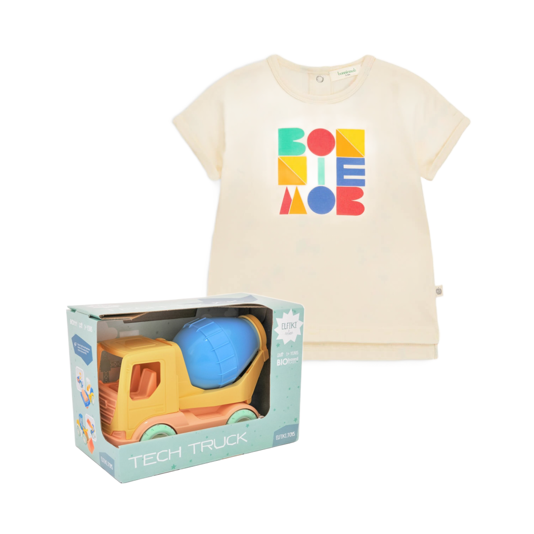 Vistvæn leikföng / eco / leikföng / lífrænt plast / bílar / bílaleikur / steypubíll / stór bíll / LaríLei / Larí Lei / sniðugar gjafir / sniðug gjöf / Elfiki /mjúk barnaföt, stutterma bolur, léttur fatnaður, the bonnie mob, lífræn bómull, jólagjöf fyrir börn, jólagjöf,  gjafapakki, gjafapakkar