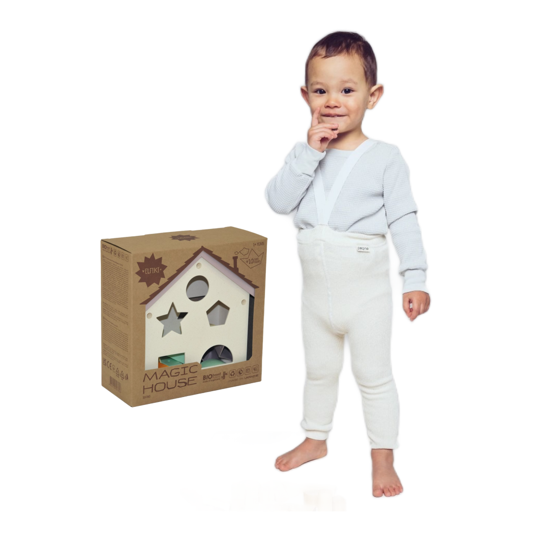 Vistvæn leikföng / eco / leikföng / lífrænt plast / þroskaleikföng / flokkunarbox / flokkunarhús / kubbar / Elfiki / kremaðar / krem hvítar / off white / hvítar / ólitaðar legging með böndum - handsaumaðar - mjúk barnaföt – leikskólaföt, jólagjöf fyrir börn, jólagjöf,  gjafapakki, gjafapakkar, LaríLei, Larí Lei, sniðugar gjafir, sniðug gjöf