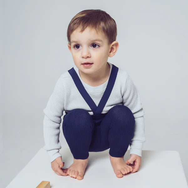 bláar / navy bláar / dökkbláar legging með böndum - handsaumaðar - mjúk barnaföt - leikskólaföt - LaríLei - Larí Lei - Peqne